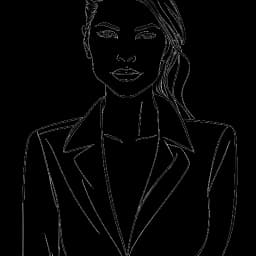 Lijntekening van een zelfverzekerde vrouw, die Kalani Rodgers vertegenwoordigt, in een modellenpose, wat haar betrokkenheid in de modewereld symboliseert.