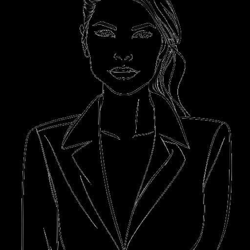 Lijntekening van een zelfverzekerde vrouw, die Kalani Rodgers vertegenwoordigt, in een modellenpose, wat haar betrokkenheid in de modewereld symboliseert.