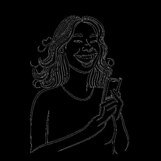 Lijntekening van een vrouw, die Kalani Rodgers vertegenwoordigt, lachend met een telefoon in haar hand, wat haar opmars naar sociale media roem illustreert.
