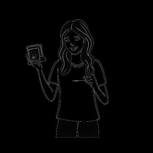 Desenho em arte linear de uma mulher, representando Kalani Rodgers, segurando um claquete de cinema e um telefone com um aplicativo de mídia social. Ao fundo, há uma câmera e equipamentos de iluminação profissional, simbolizando sua carreira de atuação e criação de conteúdo online.