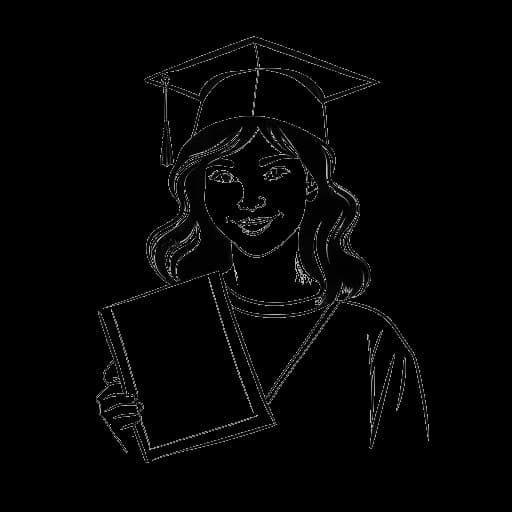 Desenho em arte linear de uma jovem mulher, representando Kalani Rodgers, segurando um diploma.