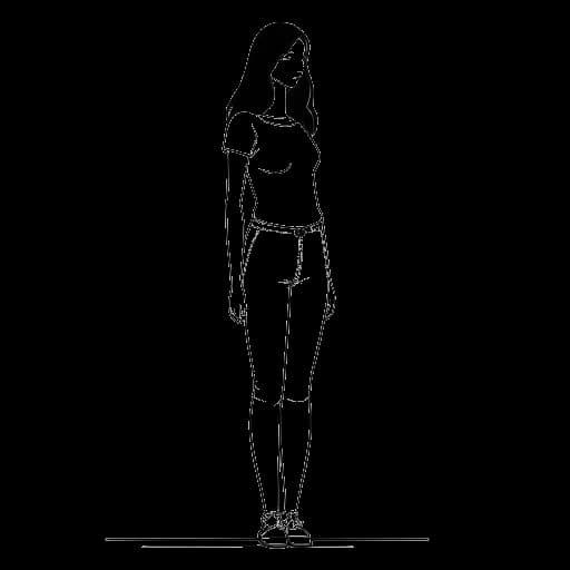 Desenho em arte linear de uma jovem mulher, representando Kalani Rodgers, em pé com uma medida de altura.