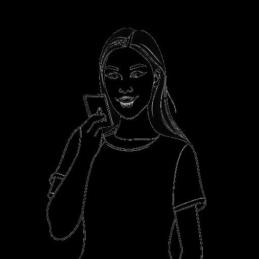 Desenho em arte linear de uma jovem mulher, representando Kalani Rodgers, segurando um smartphone com o logo do Instagram.