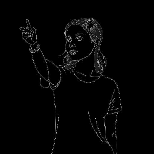 Desenho em arte linear de uma jovem mulher, representando Kalani Rodgers, apontando para dois lados.