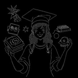 Dibujo en arte lineal de un graduado que representa a Ludwig Ahgren, sosteniendo un diploma y un controlador, con QTCinderella y símbolos de su álbum navideño y carrera de streaming en el fondo.
