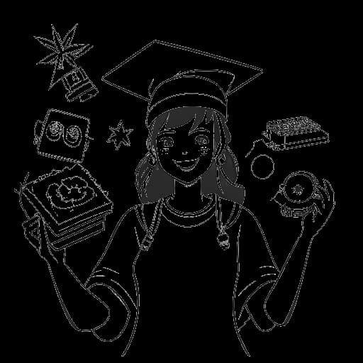 Dibujo en arte lineal de un graduado que representa a Ludwig Ahgren, sosteniendo un diploma y un controlador, con QTCinderella y símbolos de su álbum navideño y carrera de streaming en el fondo.