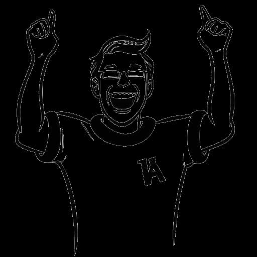 Line art tekening van een man, die Ludwig Anders Ahgren vertegenwoordigt, die viert met een YouTube-logo op de achtergrond