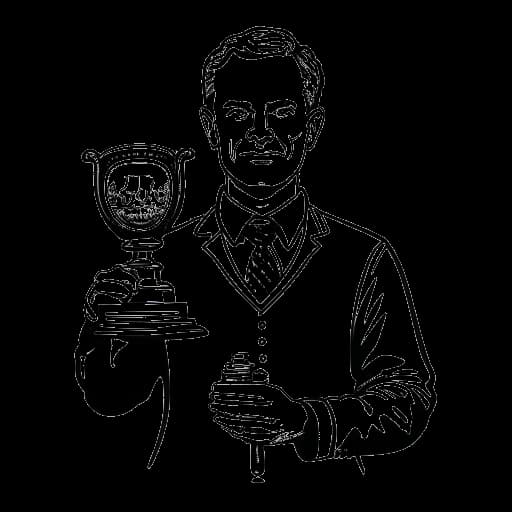 Line art tekening van een man, die Ludwig Anders Ahgren vertegenwoordigt, die een trofee vasthoudt met een ban-symbool op de achtergrond