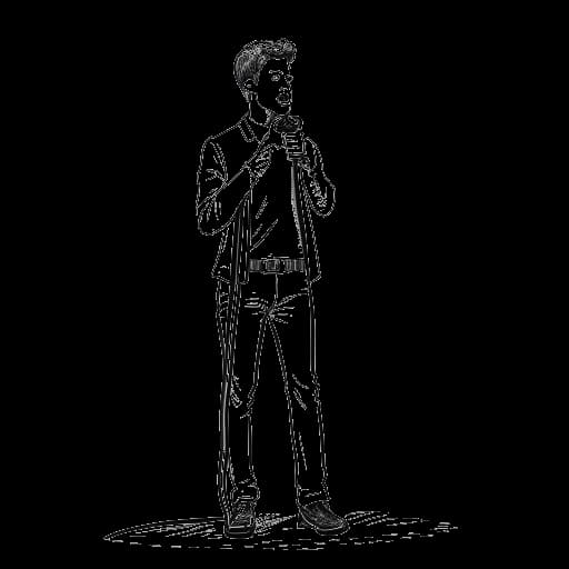 Line art tekening van een jonge man, die Ludwig Anders Ahgren vertegenwoordigt, die stand-up comedy op het podium doet
