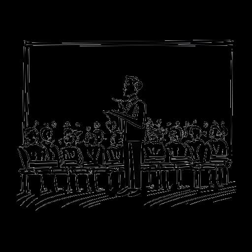 Line art tekening van een man, die Ludwig Anders Ahgren vertegenwoordigt, die een evenement organiseert en host in een theater