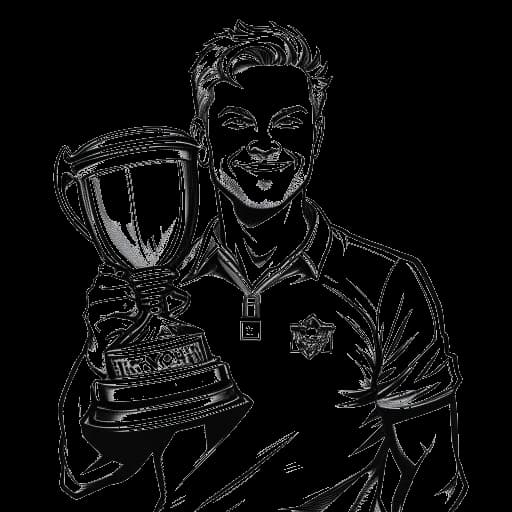 Line art tekening van een man, die Ludwig Anders Ahgren vertegenwoordigt, die een trofee vasthoudt met een Moist Esports-logo op de achtergrond