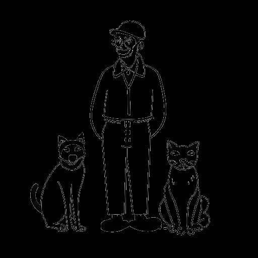 Line art tekening van een man, die Ludwig Anders Ahgren vertegenwoordigt, met een kat en een hond