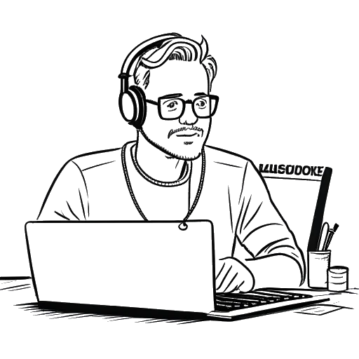 Line art tekening van een man, die Ludwig Anders Ahgren vertegenwoordigt, die live streamt met een Twitch subathon-banner op de achtergrond