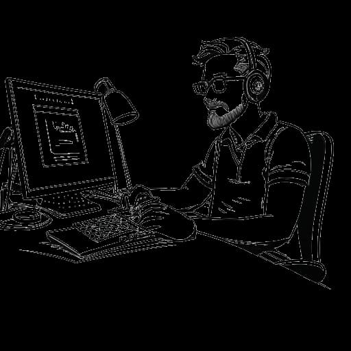 Line art tekening van een man, die Ludwig Anders Ahgren vertegenwoordigt, die live streamt aan een bureau met een Twitch-logo op de achtergrond