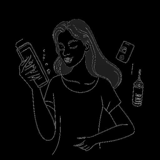 Strichzeichnung einer Frau, die Bianca Claßen (BibisBeautyPalace) bei Kooperationen zeigt, Kosmetikprodukte präsentiert, ein einzigartiges Telefon vorstellt und einen Musikpreis erhält. Das Bild ist in Schwarz-Weiß auf weißem Hintergrund gehalten.