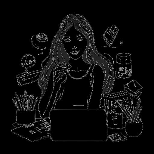 Strichzeichnung einer Frau, die Bianca Claßen (BibisBeautyPalace) mit langen Haaren darstellt, die digital mit Schönheitsprodukten, Modeartikeln und Vlog-Ausrüstung interagiert. Die Illustration ist in Schwarz-Weiß auf einem weißen Hintergrund.