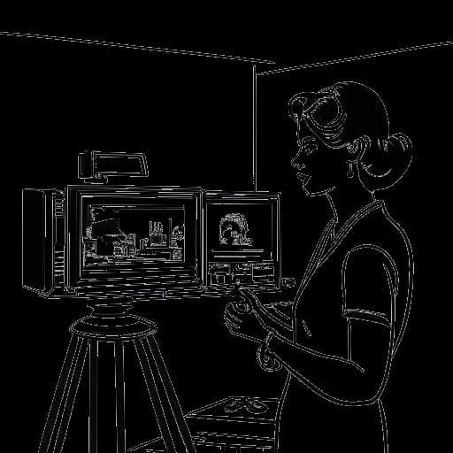Strichzeichnung einer Frau, die Bianca Claßen darstellt, die vor einer Filmkamera agiert, mit einem Fernsehbildschirm, der ihr Bild im Hintergrund zeigt.
