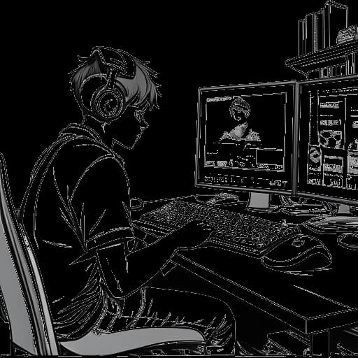 Un dibujo en blanco y negro de un adolescente que representa a LeafyIsHere, llevando auriculares, concentrado en jugar en un escritorio de computadora rodeado de pósters de personajes de videojuegos, todo sobre un fondo blanco.
