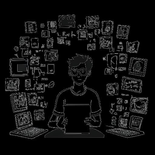 Una ilustración monocromática de un hombre, simbolizando a LeafyIsHere, en medio de múltiples pantallas digitales que muestran varios nombres de usuario de YouTube, representando conflictos en línea en una narrativa visual impactante, todo ambientado en un fondo blanco.