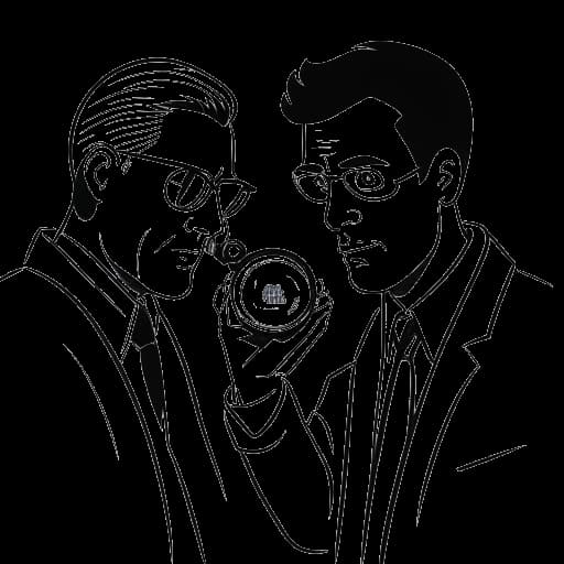 Disegno in stile line art di un uomo, che rappresenta iDubbbz, tiene una lente d'ingrandimento ed esamina i contenuti del video di LeafyIsHere.