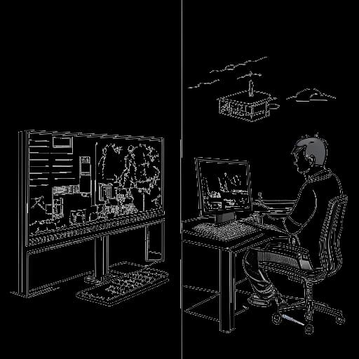 Disegno in stile line art di un uomo, che rappresenta LeafyIsHere, che gioca a Minecraft su uno schermo e a CS:GO su un altro.