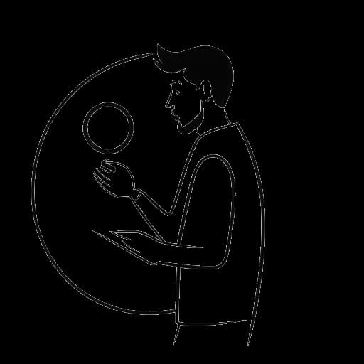Disegno in stile line art di un uomo, che rappresenta LeafyIsHere, che guarda un pulsante di riproduzione di YouTube.