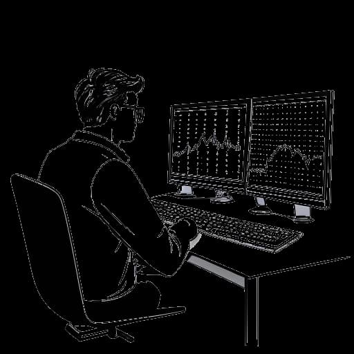 Disegno in stile line art di un uomo, che rappresenta LeafyIsHere, guarda grafici di azioni su un computer.