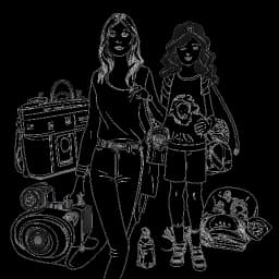 Dibujo de línea de una niña joven con su madre en una sesión de fotos de moda, representando a Leni Klum. Cámaras y accesorios de moda las rodean en la imagen, todo sobre un fondo blanco.