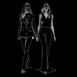 Dibujo de línea de Leni Klum y su madre, Heidi Klum, caminando juntas en una alfombra roja. Leni viste un estilo minimalista de streetwear mientras Heidi la acompaña. La imagen tiene un esquema de colores blanco y negro sobre un fondo blanco.