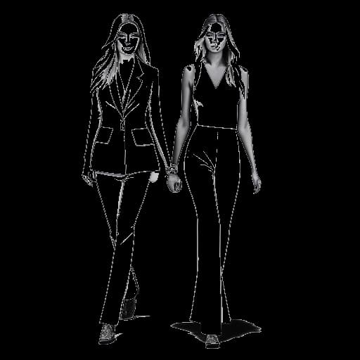 Dibujo de línea de Leni Klum y su madre, Heidi Klum, caminando juntas en una alfombra roja. Leni viste un estilo minimalista de streetwear mientras Heidi la acompaña. La imagen tiene un esquema de colores blanco y negro sobre un fondo blanco.
