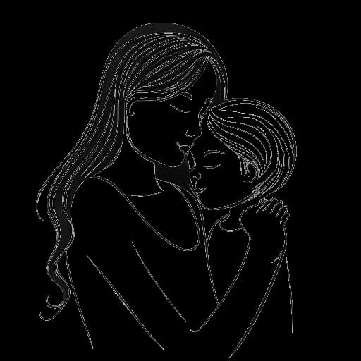 Lijntekening van een moeder en dochter, wat Heidi Klum en Leni Klum vertegenwoordigt, die een hartelijk moment delen.