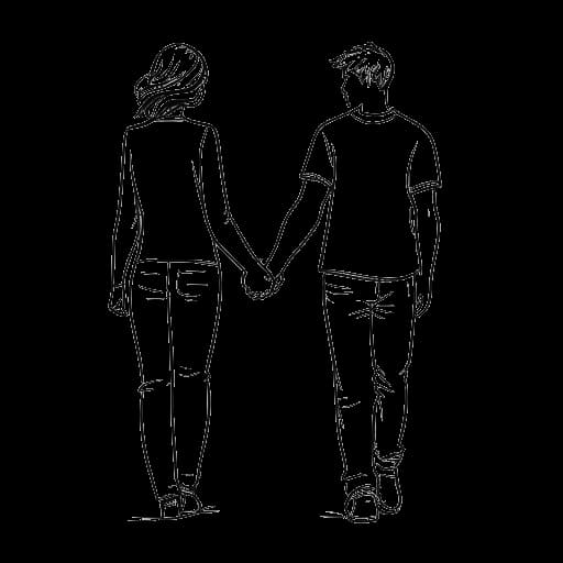 Disegno in stile line art di una giovane coppia, che rappresenta Leni Klum e Aris Rachevsky, che si tengono per mano.