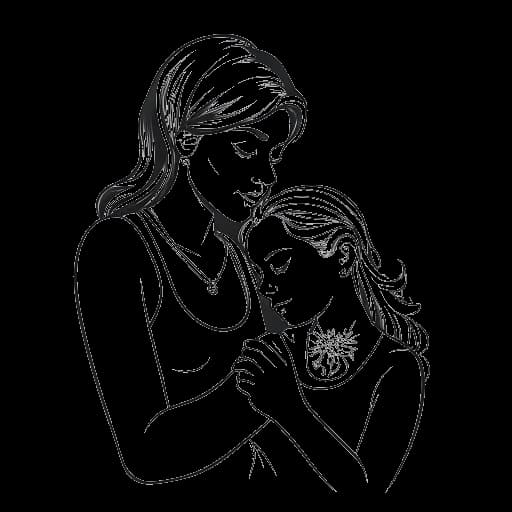 Lijntekening van een jonge vrouw, wat Leni Klum vertegenwoordigt, die haar moeder, Heidi Klum, een tatoeageontwerp laat zien dat ze met haar vriend wilde krijgen.