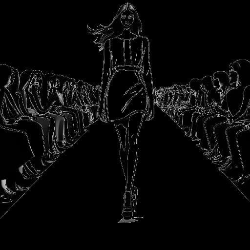 Disegno in stile line art di una giovane donna, che rappresenta Leni Klum, che cammina sulla passerella alla Berlin Fashion Week nel gennaio 2021.