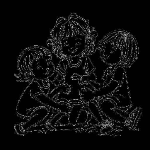 Lijntekening van een meisje omringd door drie jongere broers en zussen, wat Leni Klum en haar broers Henry Günther, Johan Riley en Lou Sulola voorstelt.