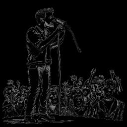 Dessin en noir et blanc de Zherka lors d'un stream controversé, parlant passionnément dans un micro sur un porte-voix. L'audience réagit avec surprise et désaccord. Le tout représenté sur un fond blanc.