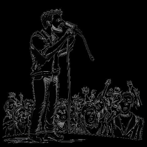 Dessin en noir et blanc de Zherka lors d'un stream controversé, parlant passionnément dans un micro sur un porte-voix. L'audience réagit avec surprise et désaccord. Le tout représenté sur un fond blanc.