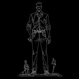 Dessin en noir et blanc de Zherka dans une pose plus grande que nature, se tenant droit à 195 cm (6'5). Des éléments représentant ses personnalités préférées comme Alex Jones, Andrew Tate, Jordan Peterson et un prédicateur baptiste, boosté par dix-sept canettes de Red Bull, l'entourent. Le tout représenté sur un fond blanc.