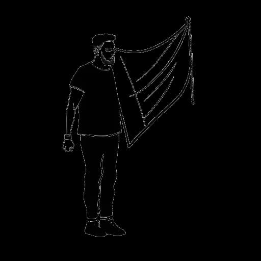 Line art drawing of a man holding an Albanian flag, representing Zherka's Albanian descent