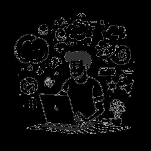 Line art drawing of a man with a laptop and a thought bubble containing various images, representing Zherka's focus on content creation