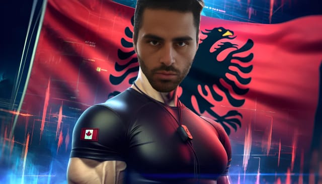 Jon Zherka, with a bald head and medium or olive skin tone, dressed as a nightclub bouncer and wearing a gaming headset, in front of a Canadian-Albanian themed background with vibrant gaming elements.