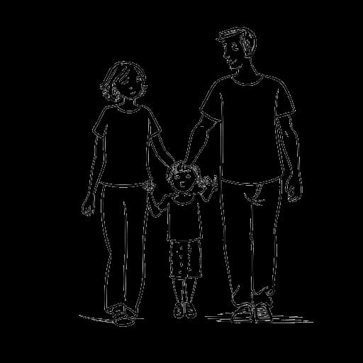 Disegno lineare semplice che rappresenta Jaidyn Alexis e il suo compagno insieme ai loro due figli, simboleggiando il loro legame familiare e il cammino insieme.