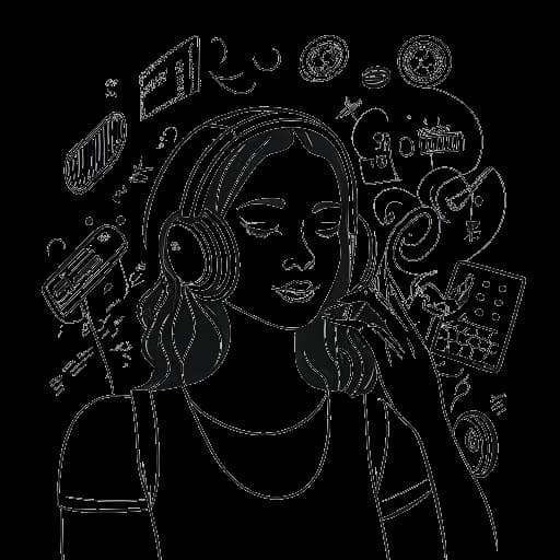 Dessin en noir et blanc d'une femme, représentant Jaidyn Alexis, dans un studio de musique avec des écouteurs, tenant des produits de soins de la peau, entourée de notes de musique et de signes de dollar, représentant ses sources de revenus.