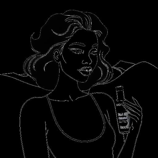 Dessin en ligne d'une femme, représentant Jaidyn Alexis, tenant un produit de beauté. L'arrière-plan montre un logo de Babyface Skin & Body et un paysage californien.