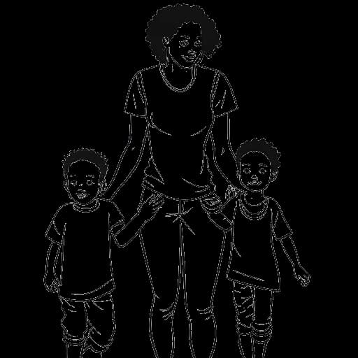Dessin en ligne d'une femme et d'un homme, représentant Jaidyn Alexis et Blueface, se tenant par la main. L'arrière-plan montre deux enfants en train de jouer.