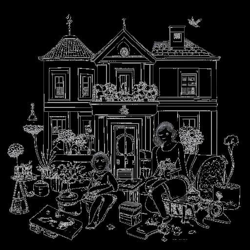 Dessin en ligne d'une femme, représentant Jaidyn Alexis, jouant avec ses enfants, entourée d'objets de luxe et d'une maison somptueuse.