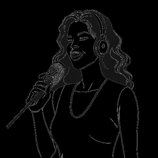 Dessin en ligne d'une femme, représentant Jaidyn Alexis, tenant un microphone et un contrat commercial. L'arrière-plan montre un logo de MILF Music et un studio d'enregistrement musical.