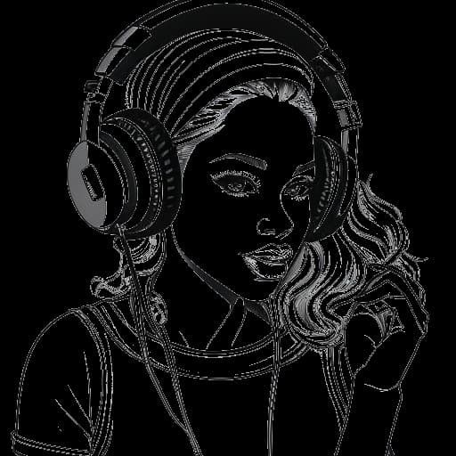 Dessin en ligne d'une femme, représentant Jaidyn Alexis, portant des écouteurs. L'arrière-plan montre les pochettes d'albums de 'Barbie', 'Stewie' et 'Bounce' avec des notes de musique.