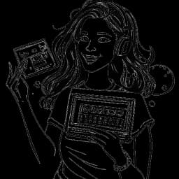 Strichzeichnung von Lena Meyer-Landrut, die ihr Debütalbum 'My Cassette Player' hält, mit einem freudigen Ausdruck und umgeben von Noten.