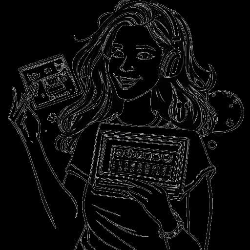 Strichzeichnung von Lena Meyer-Landrut, die ihr Debütalbum 'My Cassette Player' hält, mit einem freudigen Ausdruck und umgeben von Noten.